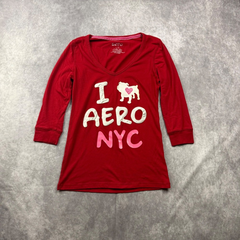 Aeropostale Womens Red I Aero NYC Bulldog Graphic V-Neck T-Shirt Large